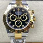 Rolex Daytona series, diamond-set black dial, gold bezel, silver case, 40mm, gold and silver Oyster bracelet.